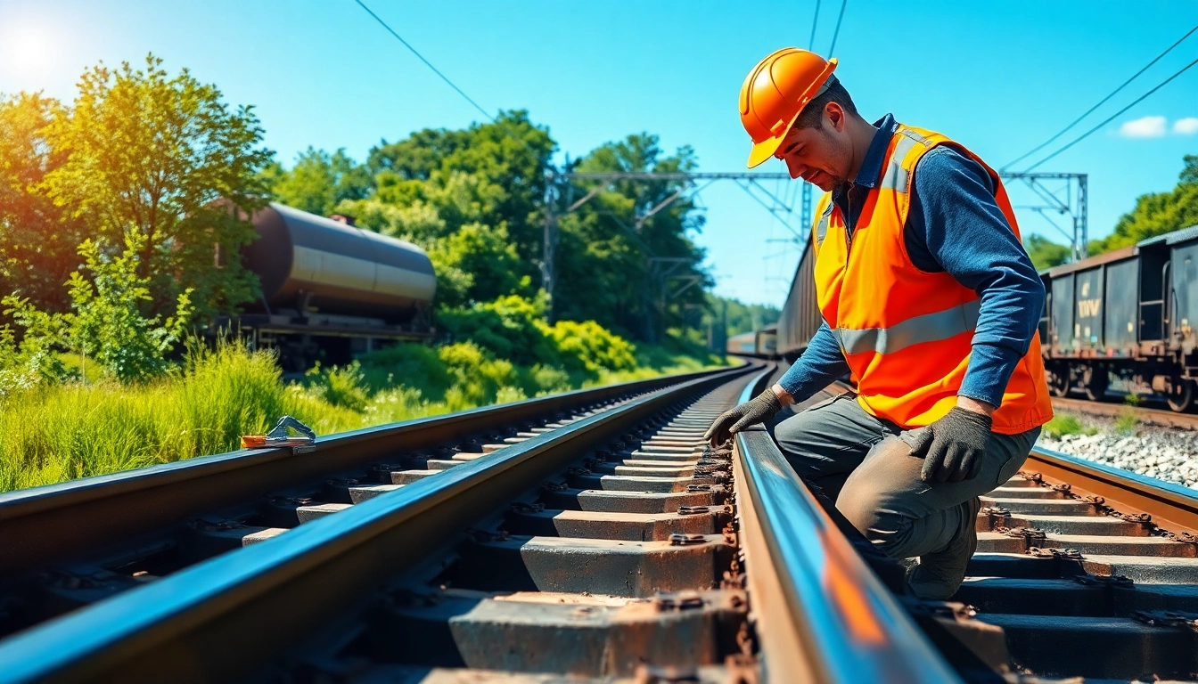 Railway worker focused on derailment repairs, showcasing tools and vibrant environment.