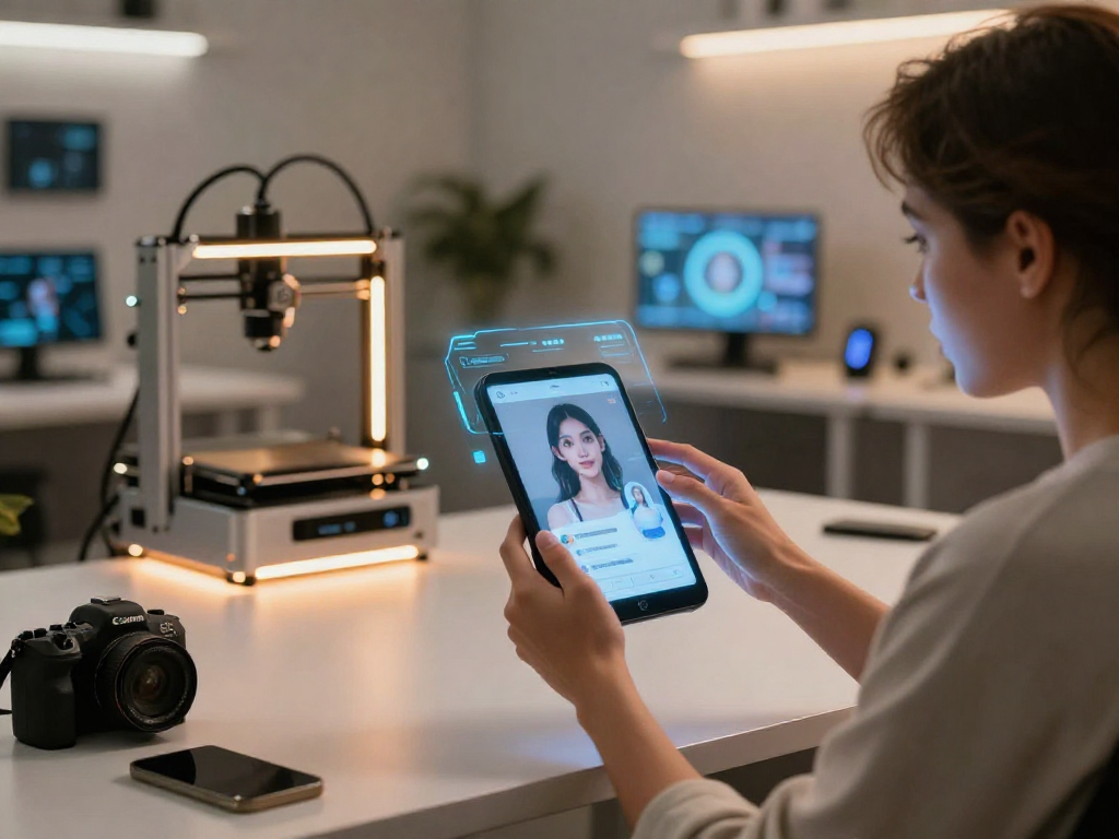 Engaging with an AI girlfriend application in a modern workspace, showcasing innovative tech interaction.