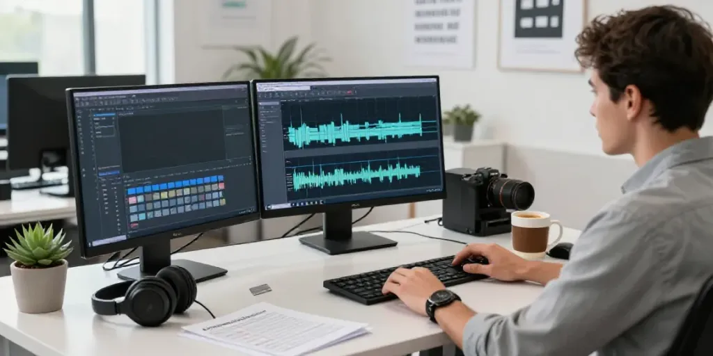 AI MP3 to text converter in a modern office with transcription software and audio files.