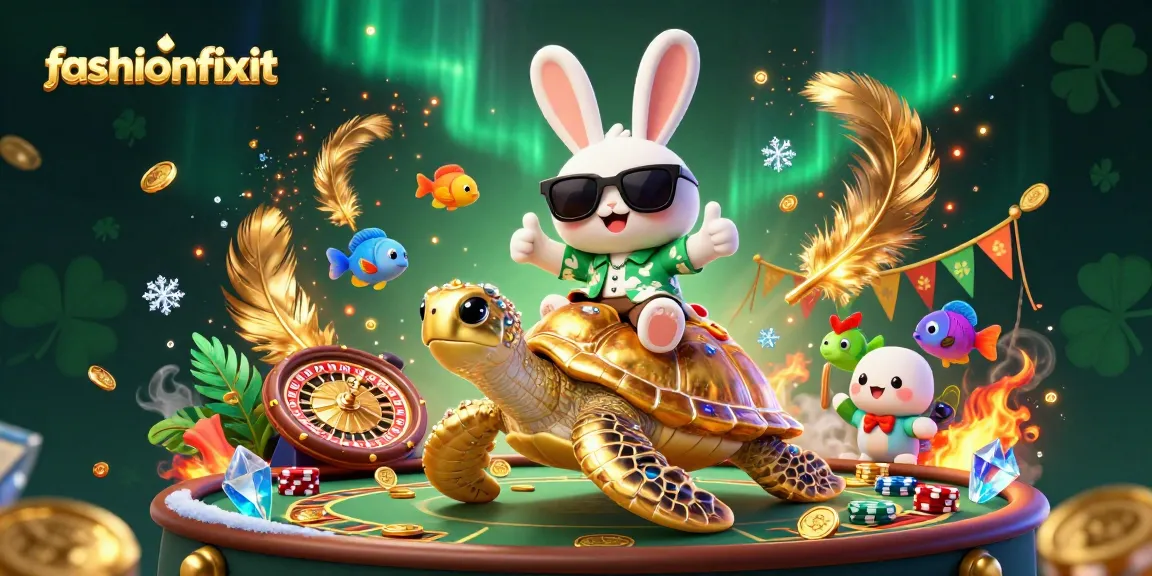 Experience excitement with fashionfixit at a vibrant casino scene featuring a lucky rabbit and golden turtle.