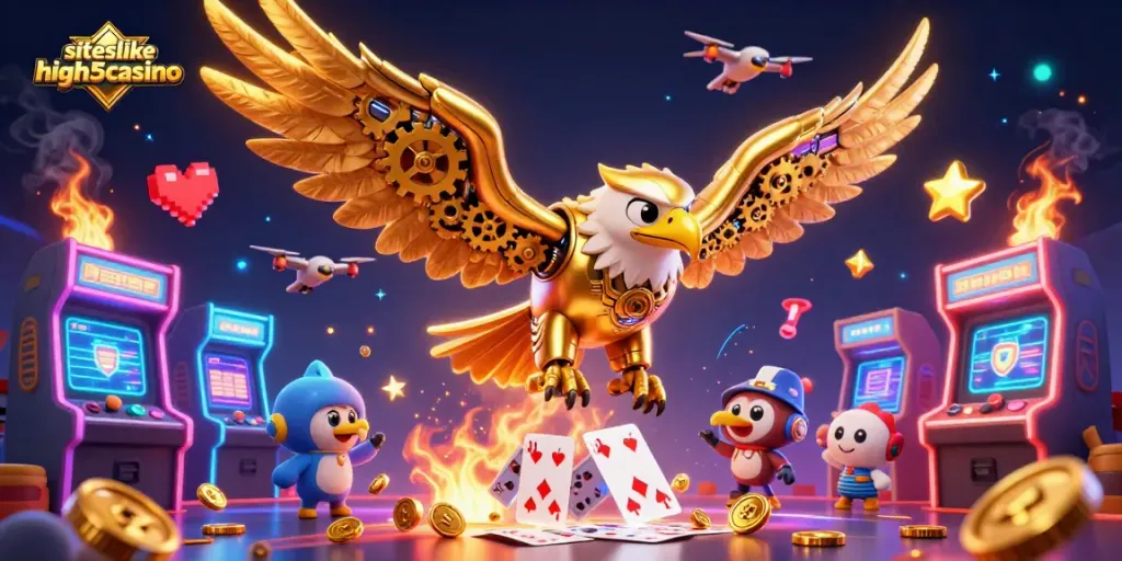 Spin into action with siteslikehigh5casino's colorful casino-themed 3D illustration featuring a golden eagle.
