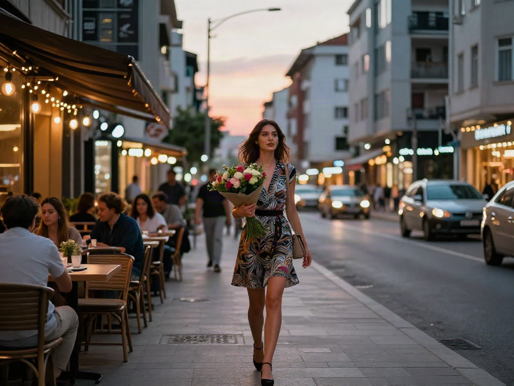 Maltepe escort ile şık bir kadın, şehrin sokaklarında yürürken.