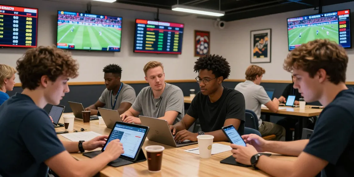 Exciting atmosphere at vbestnews sports betting lounge with bettors analyzing odds and placing bets.