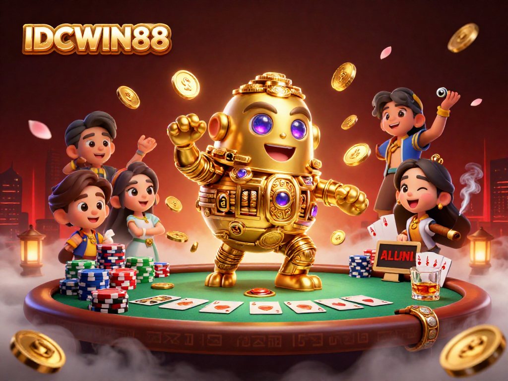 Play thrilling games at IDCWIN88 with vibrant casino elements, including poker and coins.