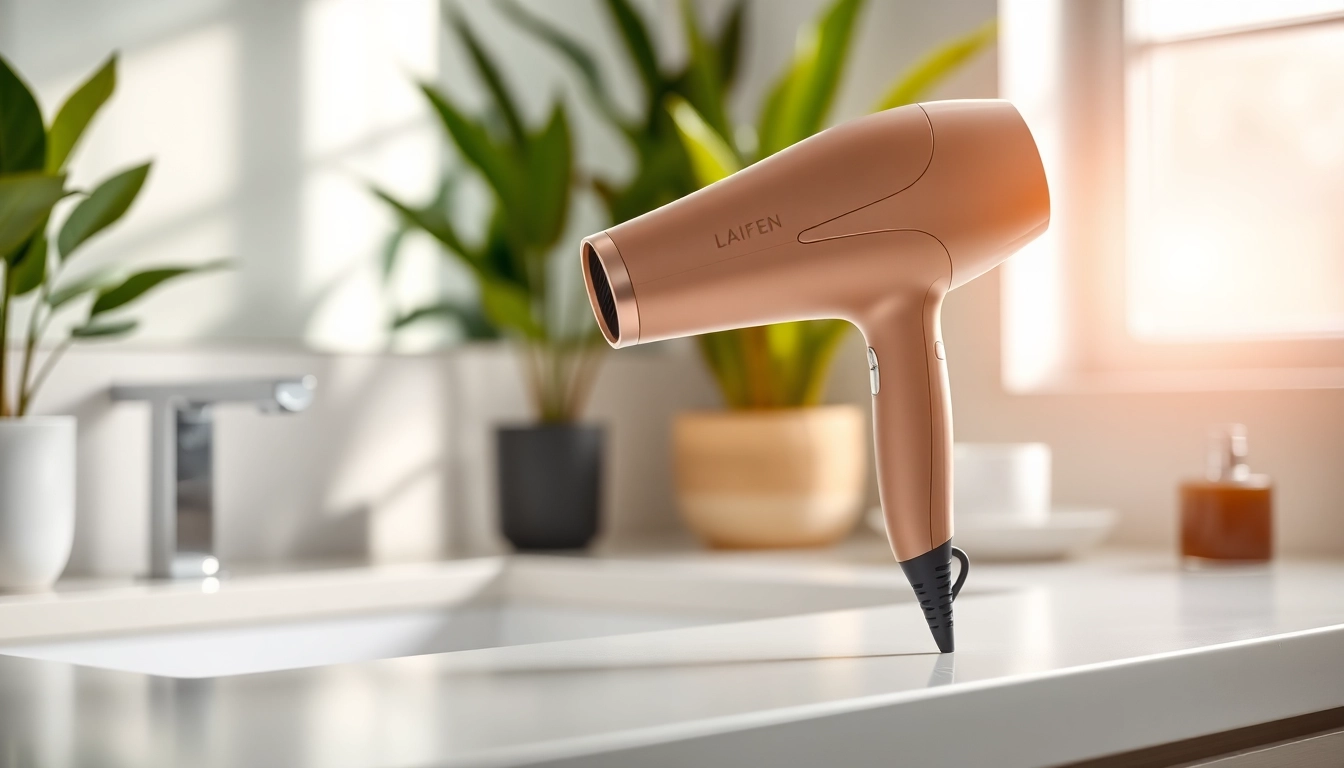 Laifen hair dryer showcased on a modern counter with stylish decor and natural lighting.