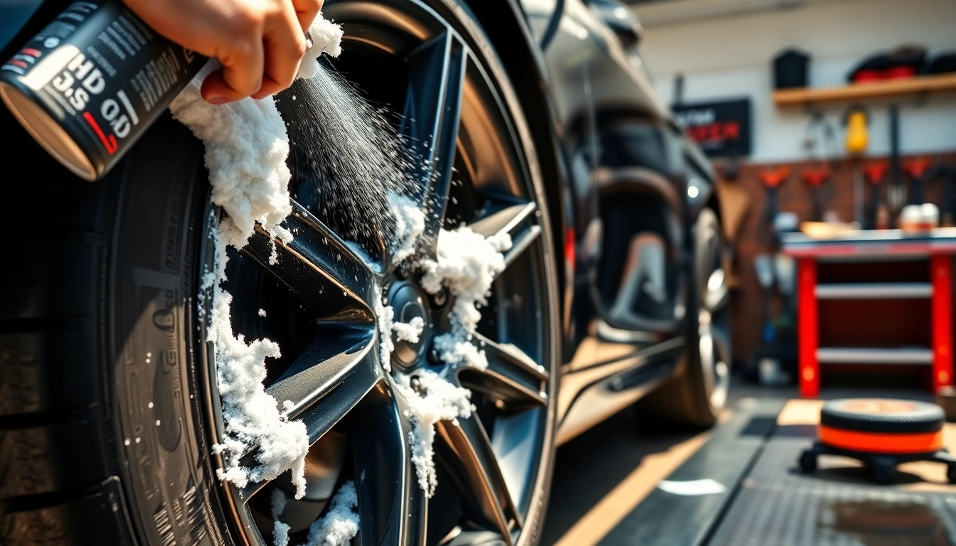 Clean shiny wheels being treated with wheel and tire cleaner Canada in a vibrant automotive setting.