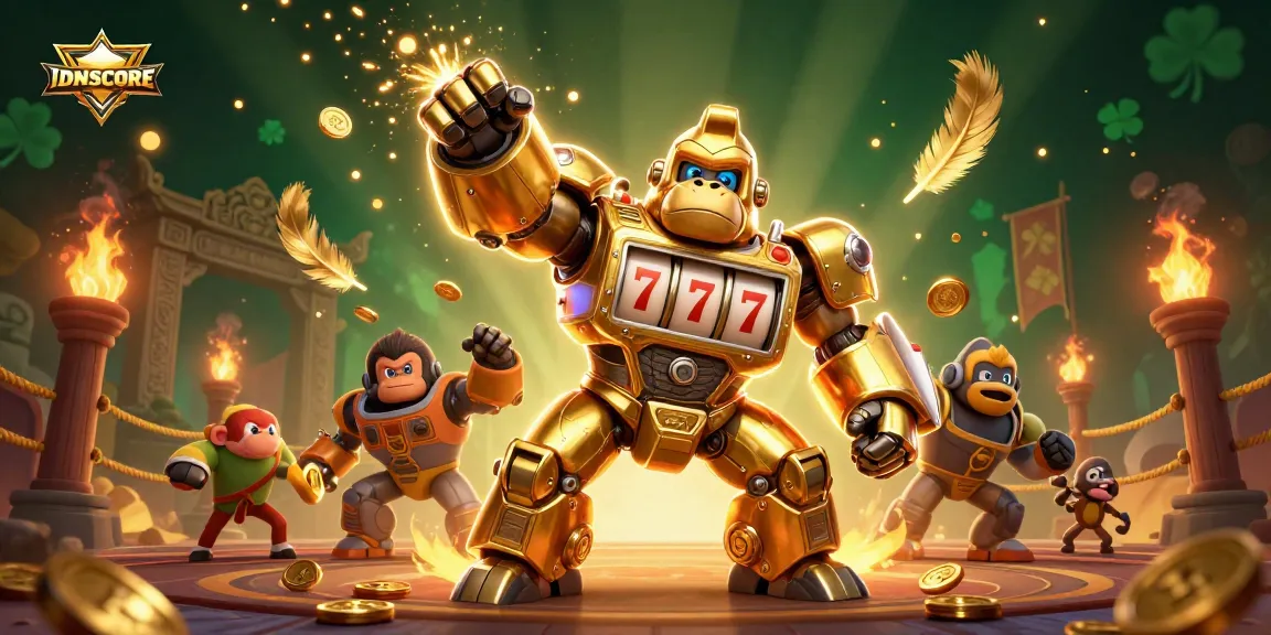Engage with IDNSCORE's thrilling gaming experience, featuring a dynamic golden gorilla mech amidst vibrant slot elements and coins.