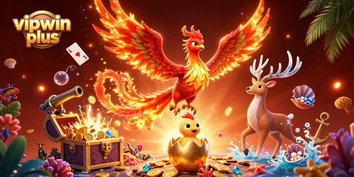 Win big with vipwin plus: A fantastic illustration featuring a fire phoenix and mystical stag in a vibrant casino scene.