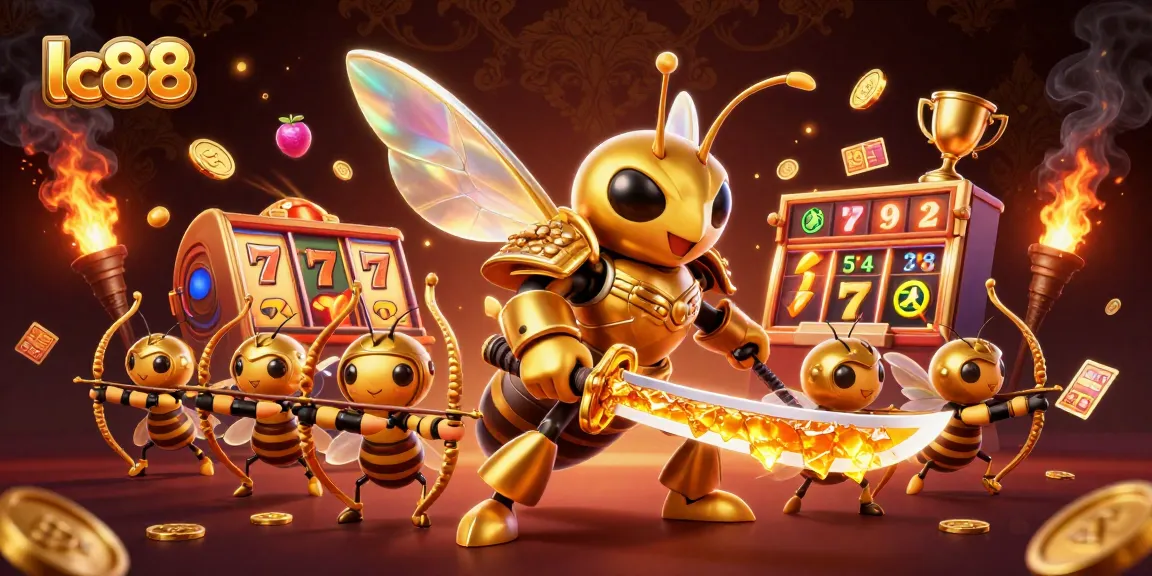 Engage in thrilling LC88 jackpots with a bold hornet samurai leading a festive scene filled with slots and treasures.
