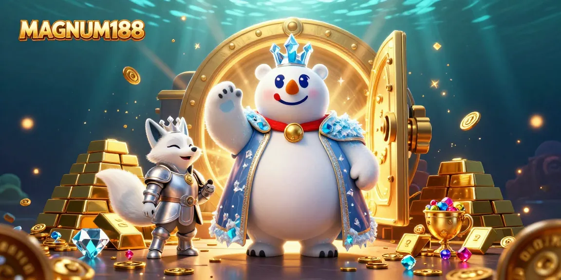 Experience the thrill of MAGNUM188 with vibrant casino treasures and a majestic polar bear.