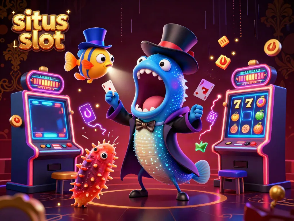 Menampilkan berbagai elemen situs slot dengan ikan dan alat sulap, menciptakan pengalaman kasino yang mengesankan.