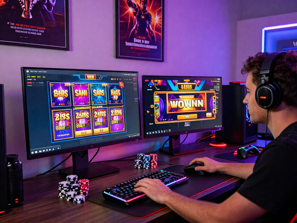 Permainan slot88 yang menarik dengan grafis cerah di ruangan gaming modern.