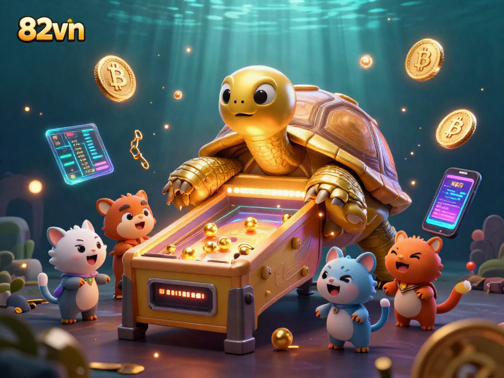Engage with the thrilling 82vn pinball-themed crypto game scene featuring lively characters and vibrant elements.