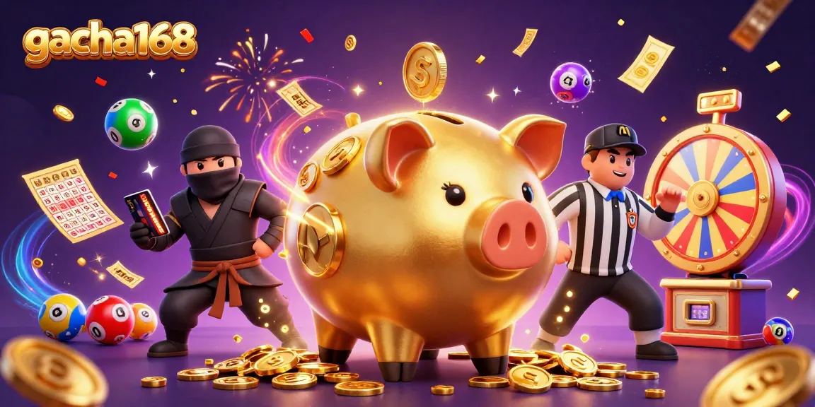 Win big with gacha168 in a vibrant 3D casino scene featuring dynamic characters and colorful game elements.