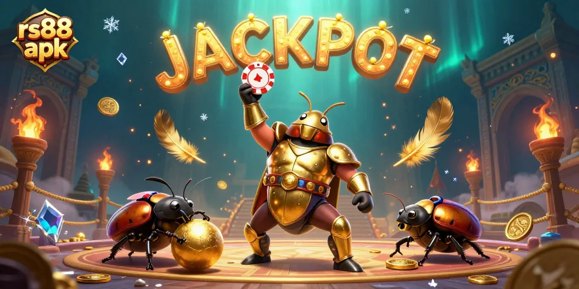 Engage with rs88 apk's thrilling casino world featuring a victorious beetle champion.