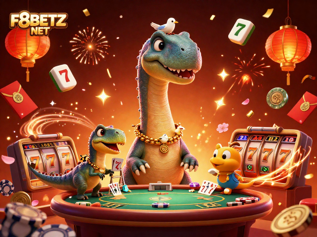 Experience the thrilling F8BETZ NET casino scene with iconic characters and vibrant gaming elements below.