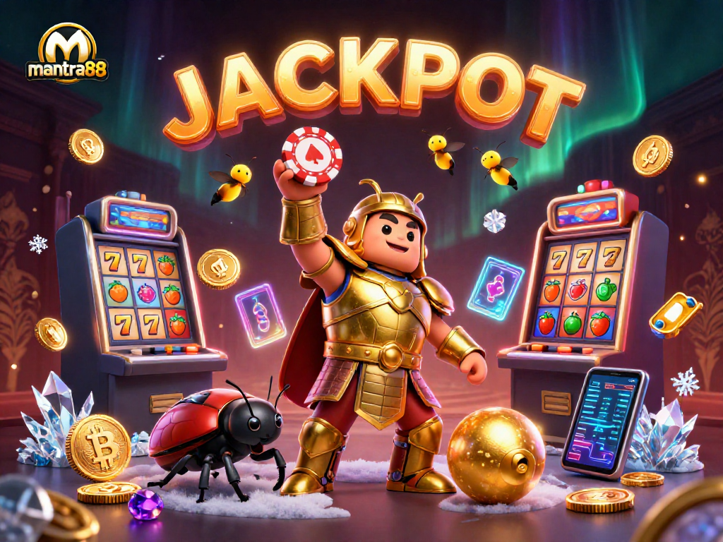 Experience exciting wins at mantra88 with a beetle champion and jackpot celebration in a dynamic scene.