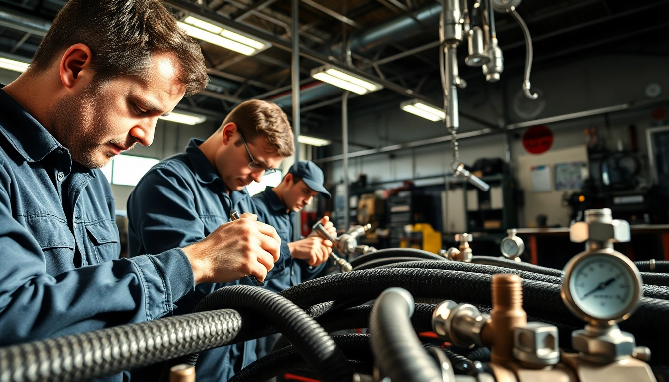 Technicians performing hydraulic hose repair showcasing expertise and professional tools.