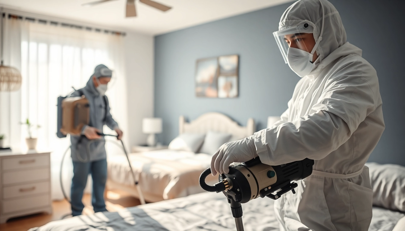 Bed bug exterminators thoroughly inspecting a residential room for infestations.