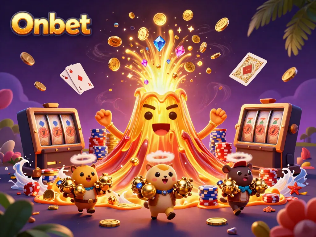 Experience excitement with Onbet's dynamic casino scene showcasing golden treasures and lively characters.