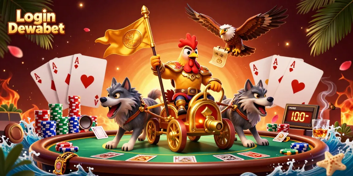 Engage with Login Dewabet in this vibrant 3D scene showcasing a rooster warlord and dynamic gambling elements.