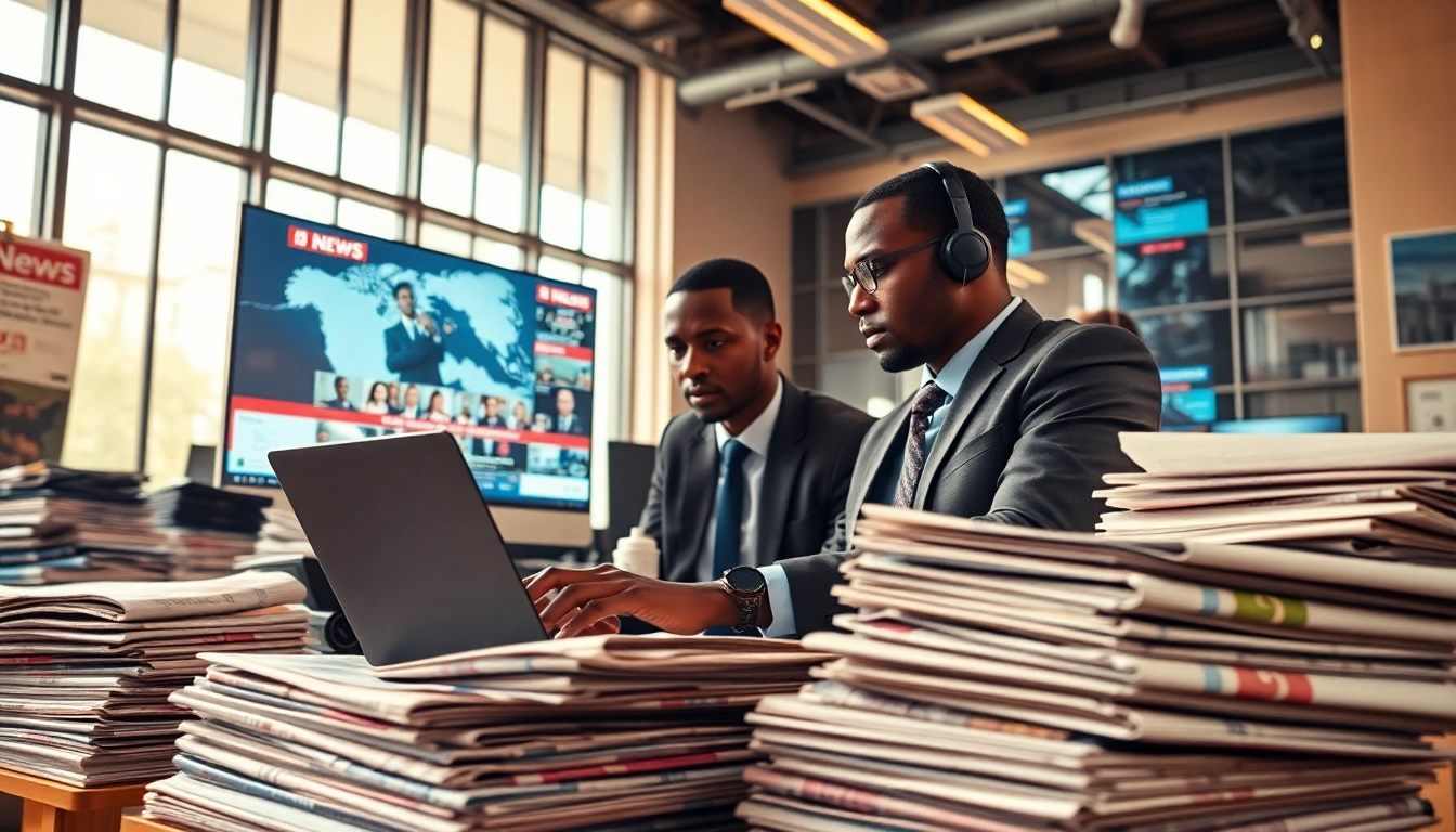 Nigerian Newspapers headline with a journalist actively covering breaking news in a vibrant newsroom.