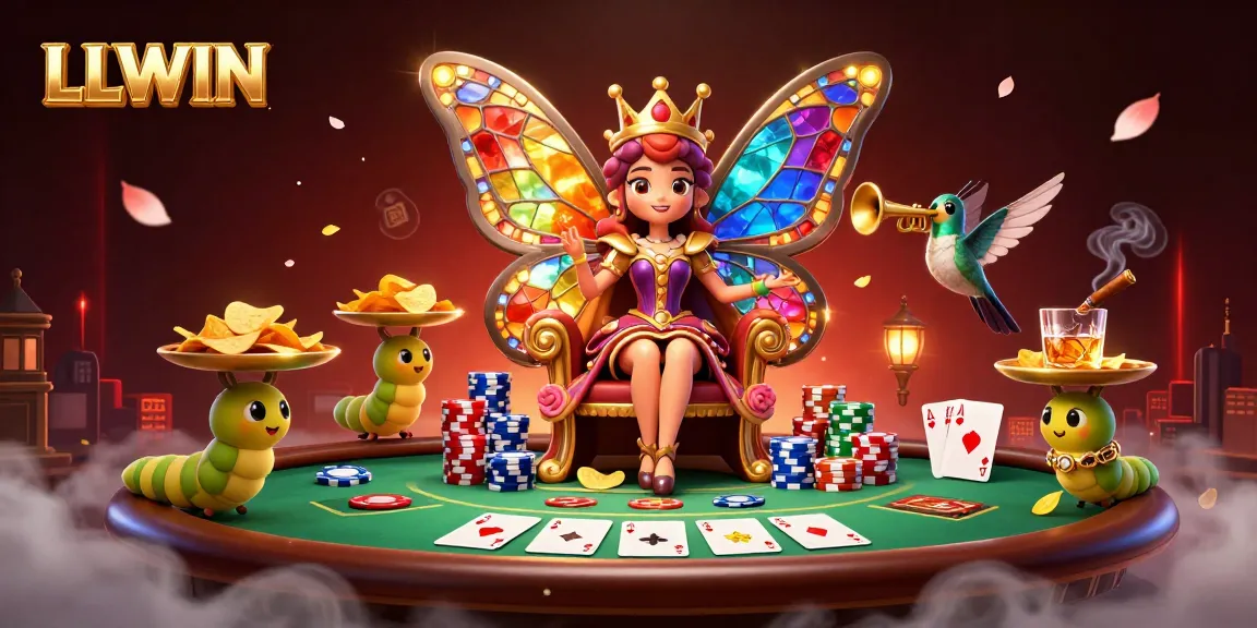 LLWIN engages players with a vibrant 3D casino scene featuring a butterfly queen and poker elements.