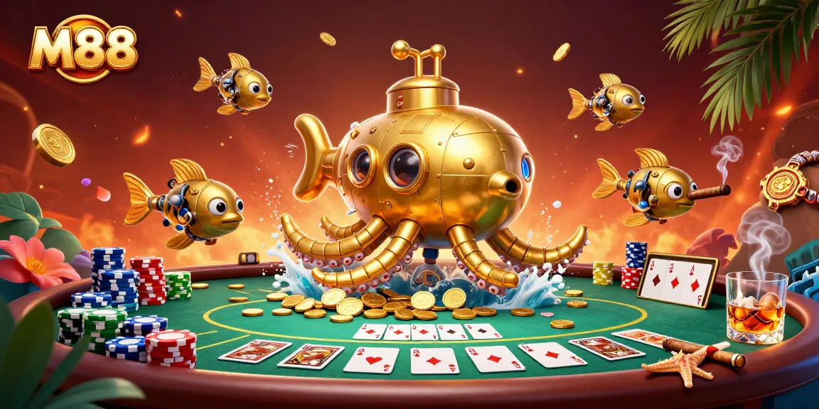 M88 players engage in exciting poker action surrounded by gold coins and casino elements.