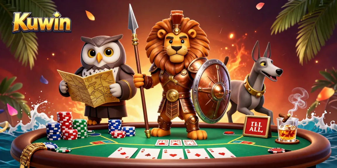 Kuwin poker scene featuring a Spartan lion, owl strategist, and greyhound risking it all at the table.