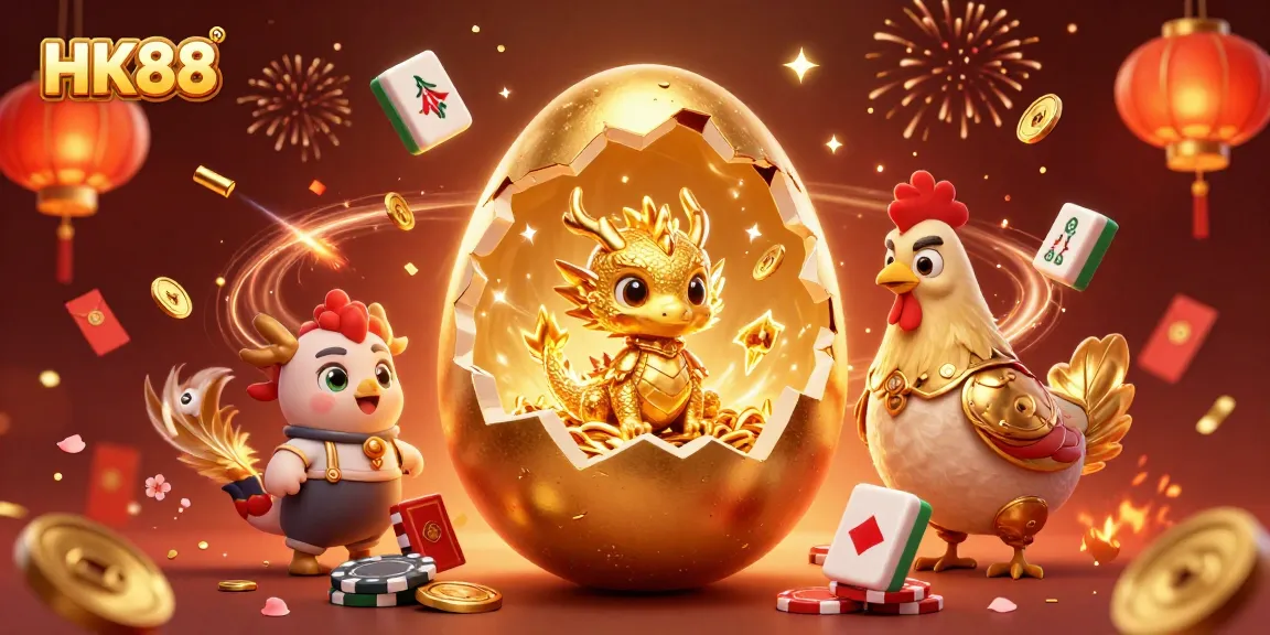Experience HK88's riches with a golden dragon atop poker chips amidst vibrant casino elements.