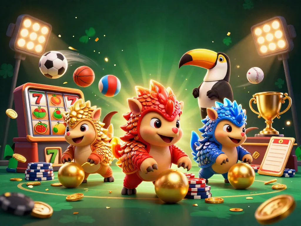 Experience thrilling slot gameplay with cartoon pangolins bowling through poker chips in a vibrant casino scene.