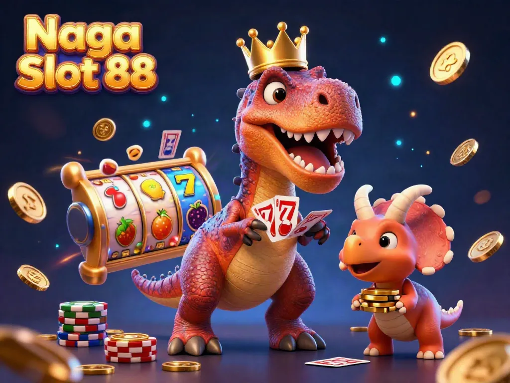 Naga Slot 88 themed 3D cartoon illustration with a T-Rex, pterodactyl, and triceratops in a vibrant casino setting.