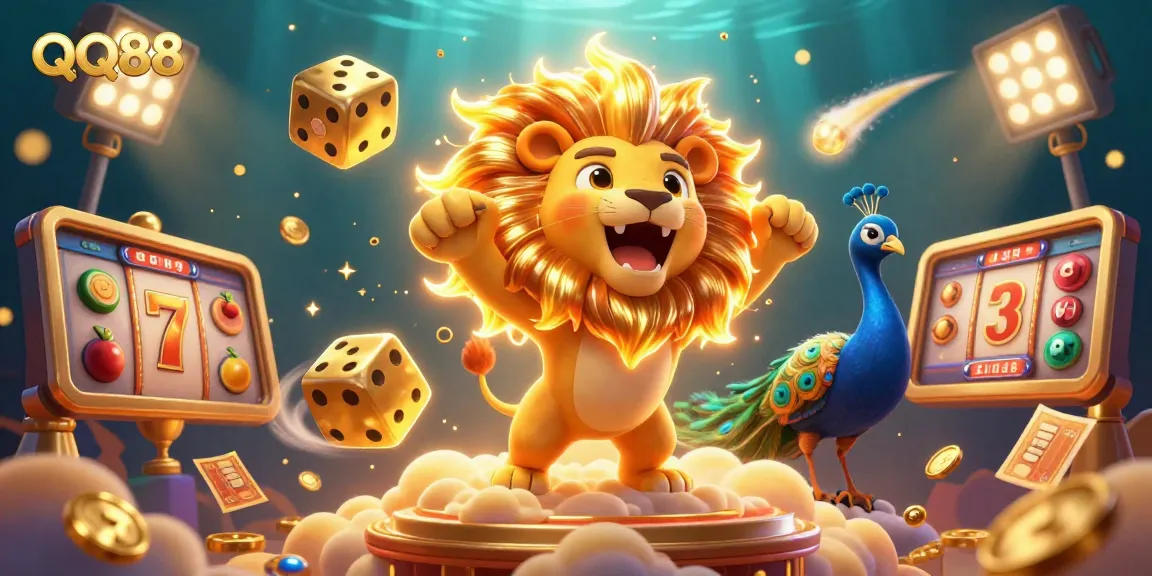 Experience thrilling gameplay with QQ88 in a vibrant casino scene filled with jackpots and dynamic characters.