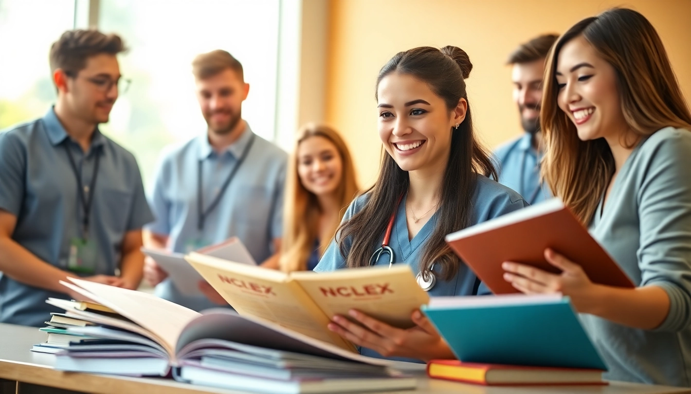 Houston NCLEX review testimonials showcasing enthusiastic nursing students collaborating in a bright classroom.