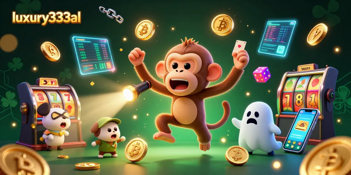 Engage with luxury333al in a lively casino scene featuring a playful poltergeist monkey and a curious puppy.