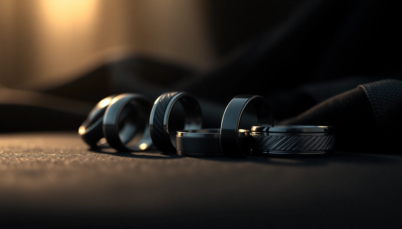 Showcase of dark mens wedding bands featuring sleek tungsten and textured designs on velvet.