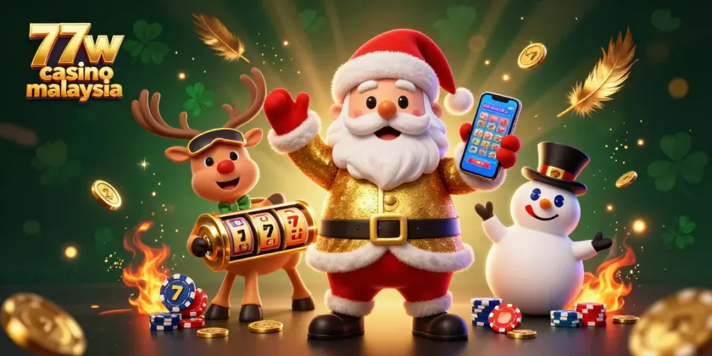 Engage with the thrilling atmosphere of 77w casino malaysia featuring Santa and friends in a festive casino scene.