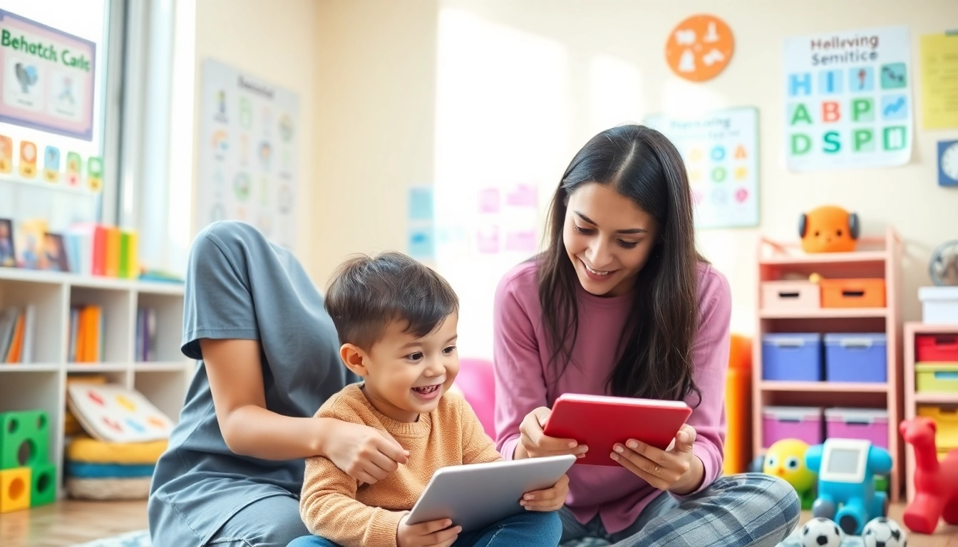 Engaging therapy session showcasing ABA services with a professional therapist and child in a bright room.