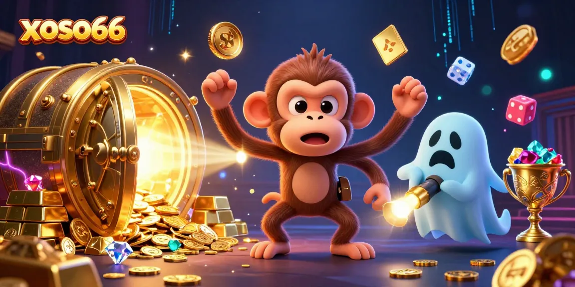 Experience the thrill of xoso66 in a dazzling casino scene with a playful ghost and treasures!