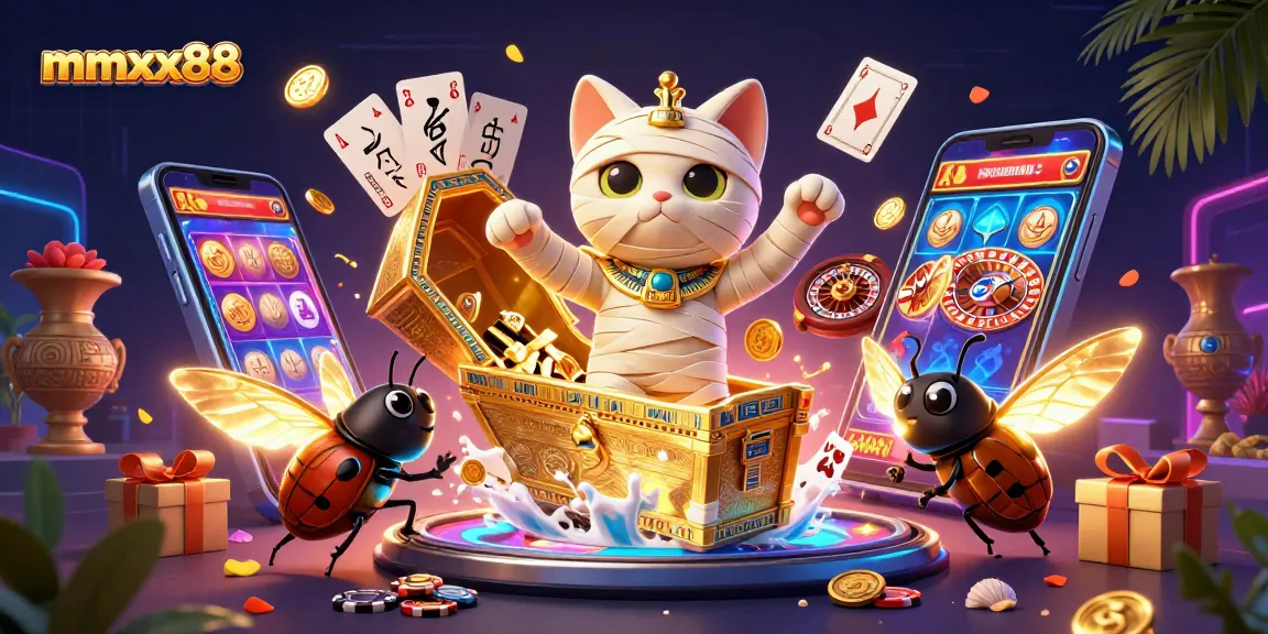 Experience mmxx88 with a cartoon Egyptian mummy cat and a golden sarcophagus in a vibrant casino scene.
