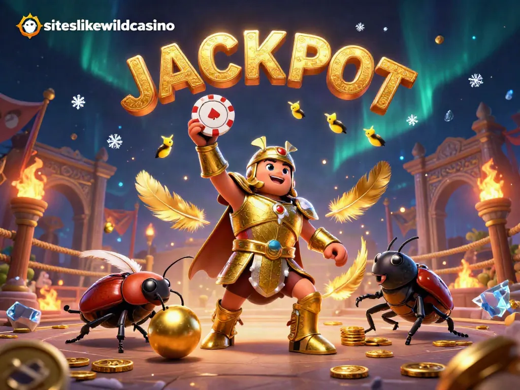 Win big with siteslikewildcasino – vibrant illustration of beetles at a casino jackpot.