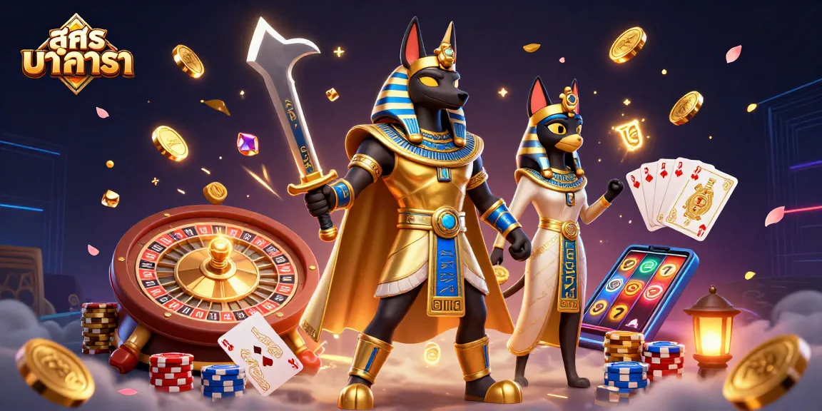 Engage with สูตร บา ค่า ร่า strategies through vibrant casino visuals, showcasing Anubis and Bastet amidst sparkling gems.