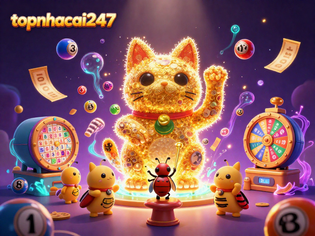 Experience the thrill of topnhacai247 with golden fireflies and casino elements in a vibrant 3D scene.