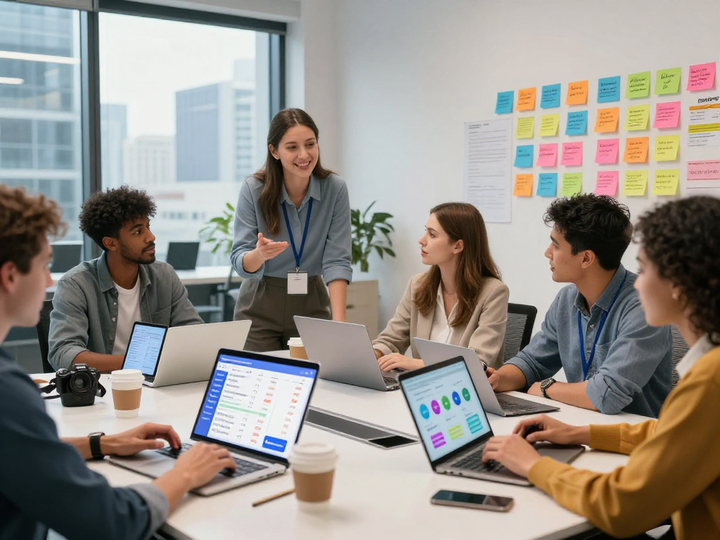 Buy app install marketing strategy in modern office with diverse team brainstorming.