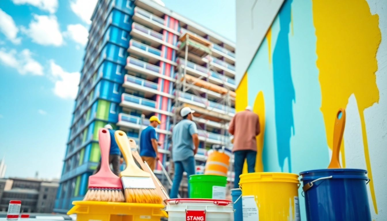 Commercial painting company team applying vibrant colors to a multi-story building facade.
