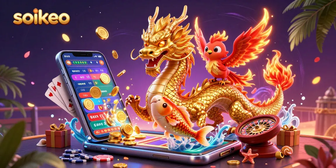 Experience the thrill of sports betting with soikeo through a vibrant 3D illustration featuring a golden dragon and active betting elements.