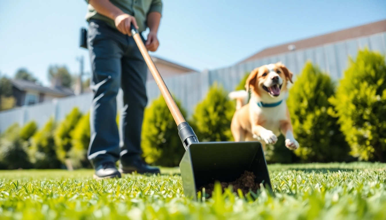 Residential dog waste removal service in action, ensuring a clean yard while a playful dog frolics nearby.