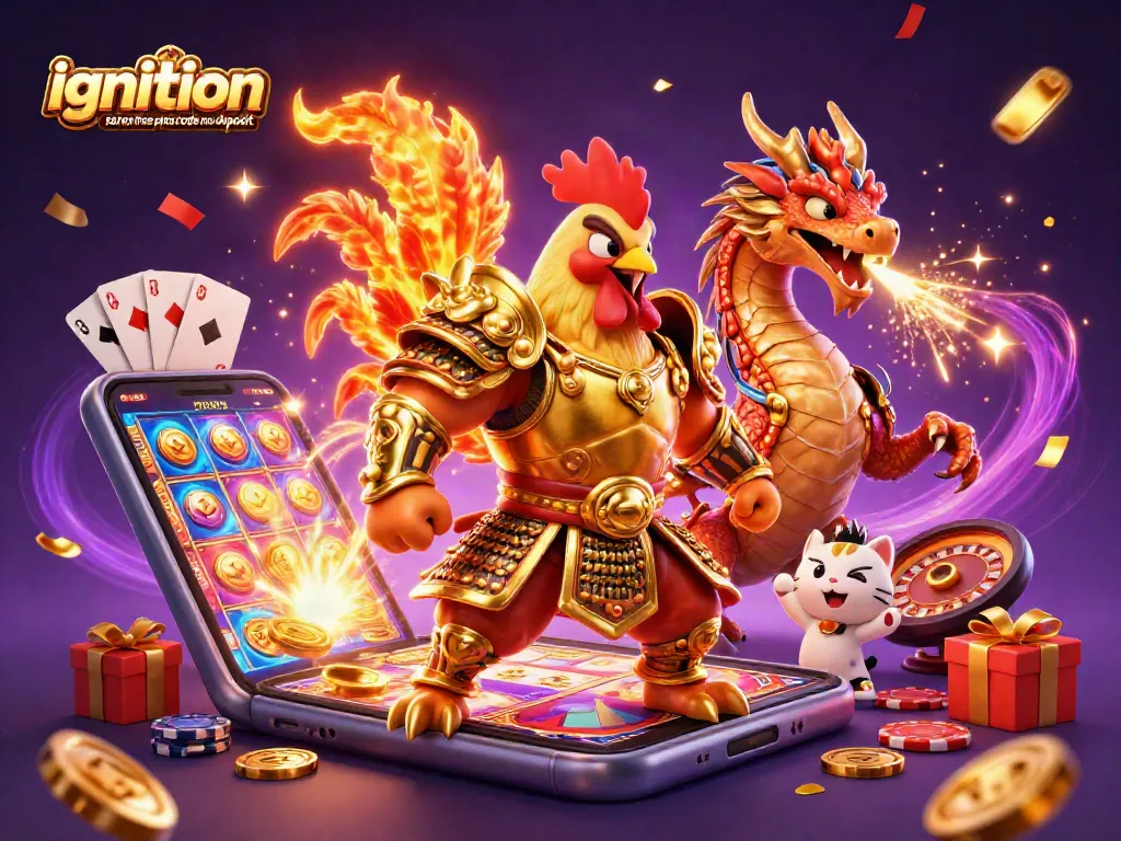 Engage with the ignition casino free spins code no deposit, featuring a rooster warrior, dragon hatchling, and captivating casino elements.