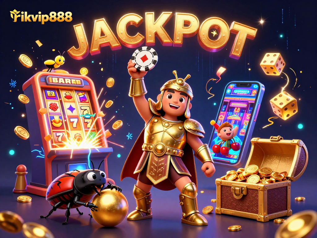 Experience the excitement of rikvip888 with cartoon characters celebrating a big jackpot in a vibrant casino scene.