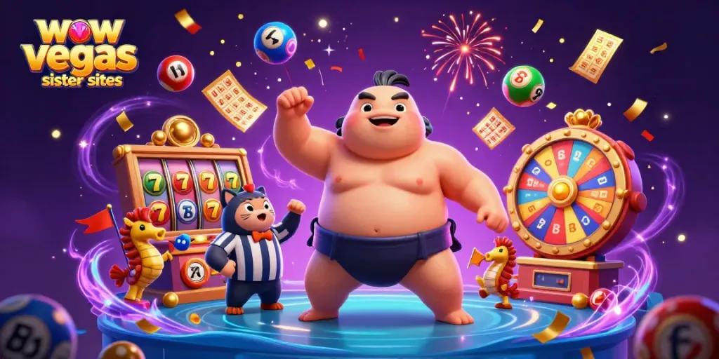 Engaging scene depicting excitement at wow vegas sister sites with animated characters enjoying slot machines and lottery elements.
